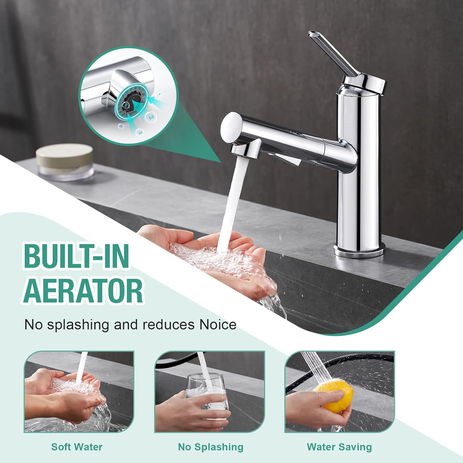 Faustina Bathroom Faucet with Pull Out Sprayer, Polished Finish Bathroom Sink Faucet for Vanity or Laundry, Stainless Steel 1 Handle with Deck Plate for 1 or 3 Hole