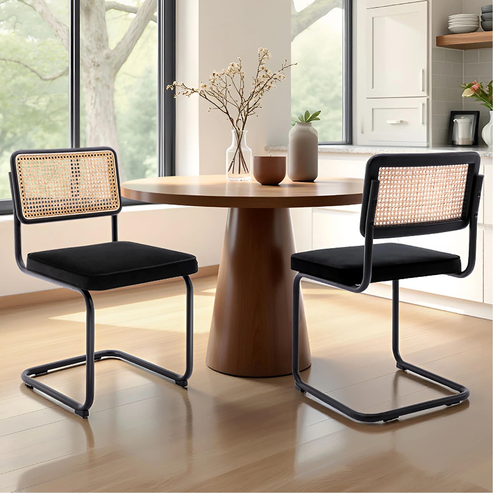 Zesthouse Natural Rattan Dining Chairs Set of 2, Modern Dining Room Chairs with Solid Wood Back for Kitchen Living Room, Mid Century Breuer Design Inspired, Upholstered Velvet Fabric, Black