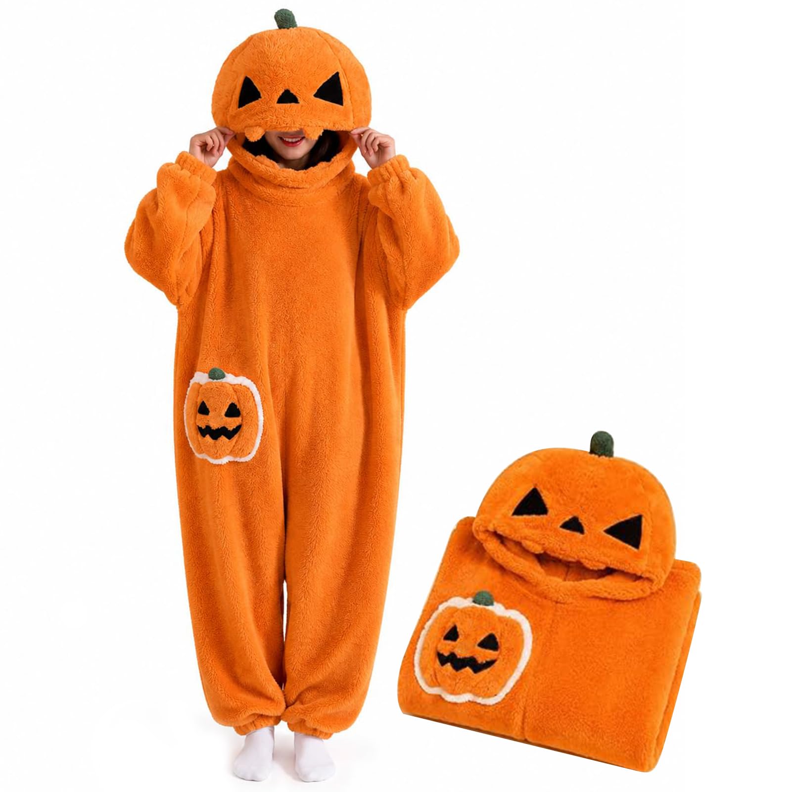 ZUICC Halloween Pumpkin Onesie Pajamas, Plush Hooded Costume for Adults, Pumpkin Adult Onesie, Thickened Halloween Costume for Party DecorοΌXL
