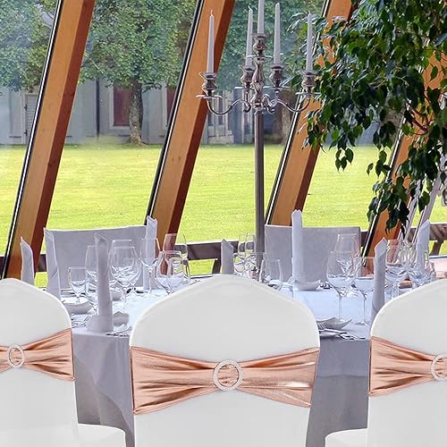 Miniatura 3 de MAGTOWNE Paquete de 100 bandas de elastano para sillas de color oro rosa, lazos de elastano con hebillas deslizantes elásticas para bodas, fiestas,