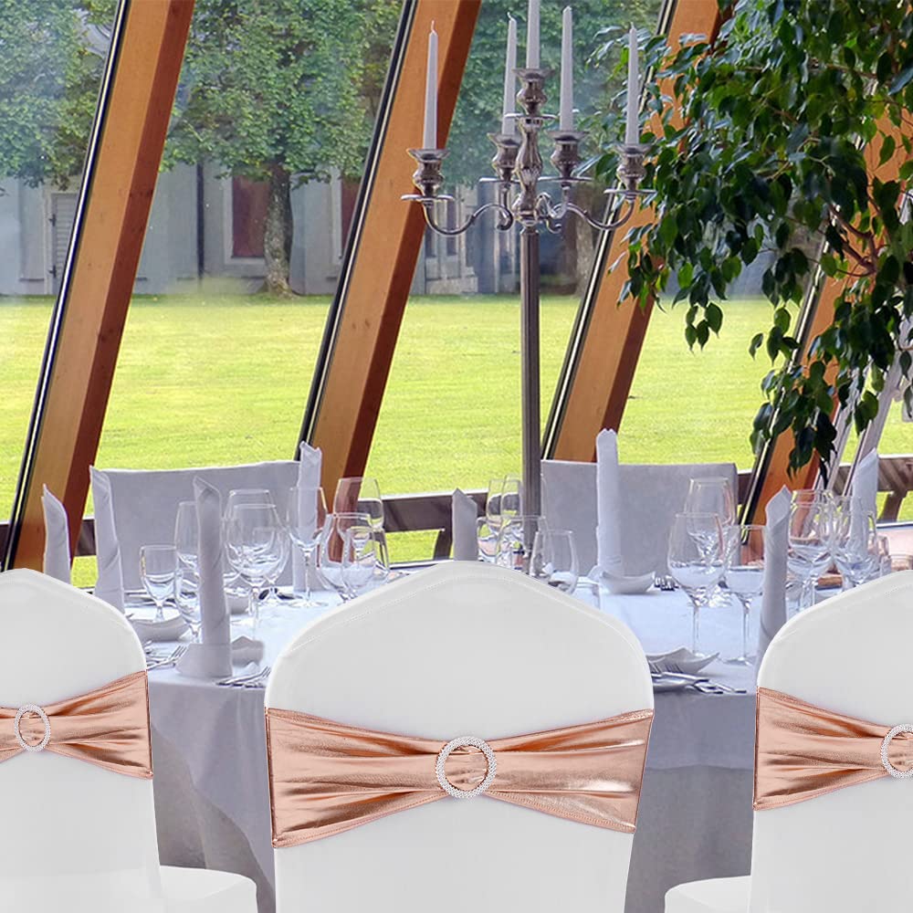 Rose Gold Spandex Chair Sashes Bows 50 Pack Stretch Chair Bands with Buckles Elastic Slider Chairs Ties for Wedding Decorations Party Reception Events Banquet Decor - Rose Gold