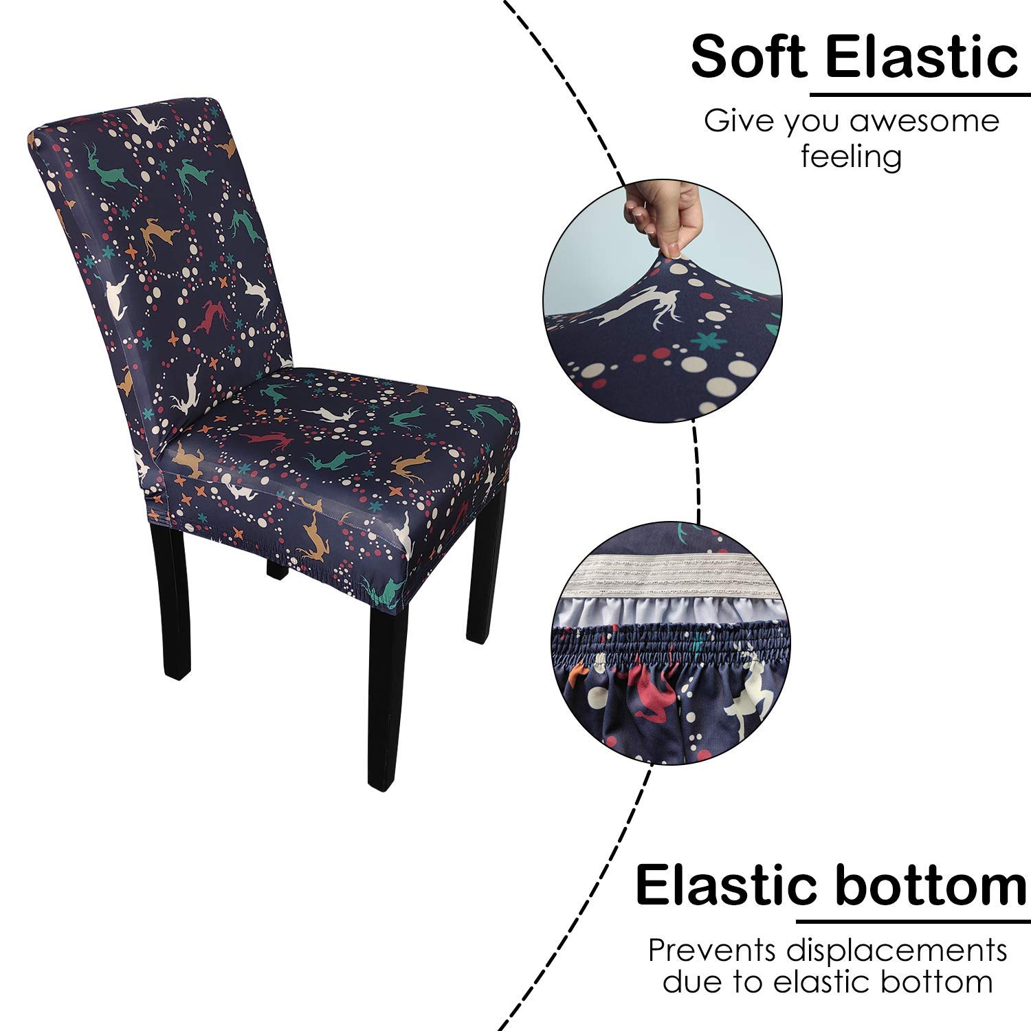 Trimming Shop Christmas Stretch Dining Chair Covers Elasticated Removable Protective Slipcover, Reindeer & Snowflakes Printed for Dining, Wedding, Banquet Chairs, Navy Blue, 6pcs