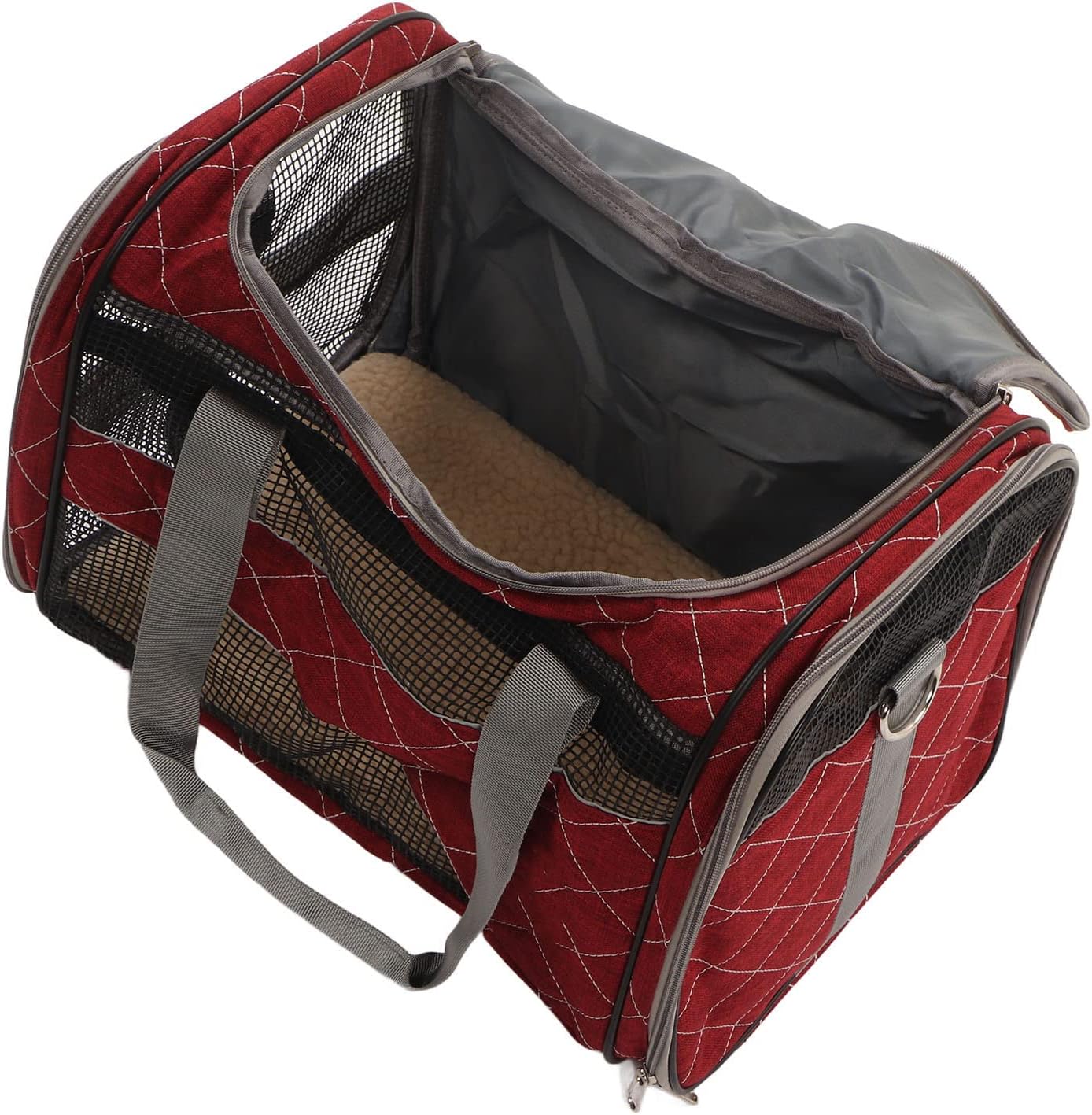 Collapsible Dog Carrier Travel Bag, Portable Pet Carrier for Small Dogs and Cats, Breathable Multi Grid Design with Extra Large Window, Foldable Puppy Carrier with Reflective Webbi (Burgundy)