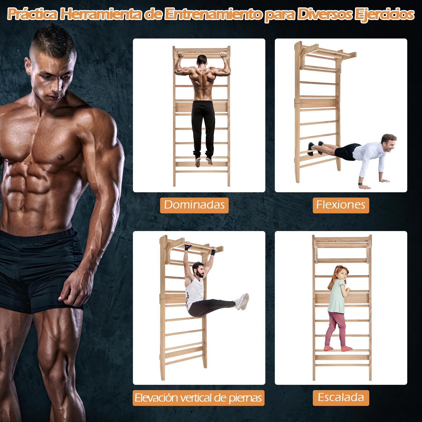 COSTWAY Espaldera Gimnasio con 10 Varillas Fijas, Escalera de Gimnasia, Escalera Sueca Niños Adultos, Madera Sólida, 80 x 48 x 195 cm, Carga 100kg