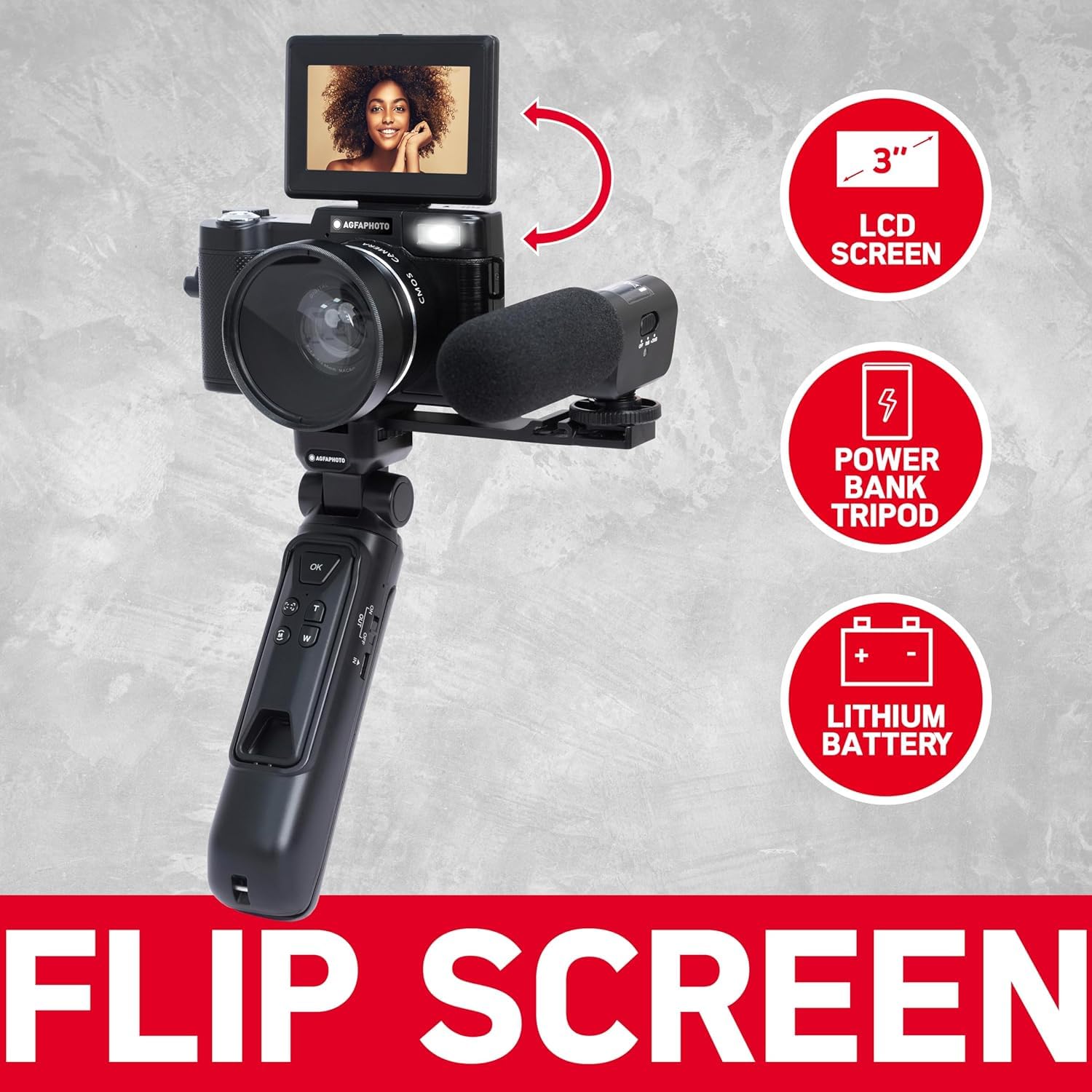 AgfaPhoto Realishot VLG-4K Kit Vlogging - Caméra 24MP, Vidéo 4K, Ecran LCD 3'', Zoom Numérique 16X, Capteur CMOS, Batterie Lithium - Noir