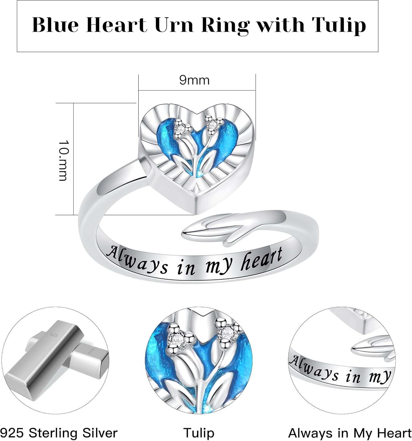 925 Sterling Silver Heart Urn Ring for Ashes for Women - Cremation Jewelry Keepsake Thumb Rings Adjustable with Rose/Sunflower Gift for Lost Of Love Ones Human Adult Pet