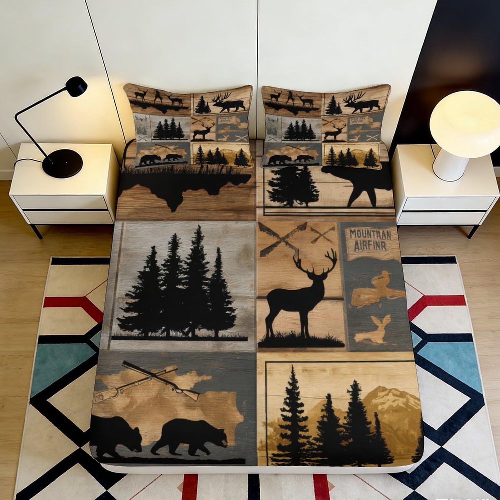 3D Printed Forest Elk Fitted Sheet Microfiber Soft Breathable Bear Pine Mattress Cover for Bedroom Decor 90x200x25cm