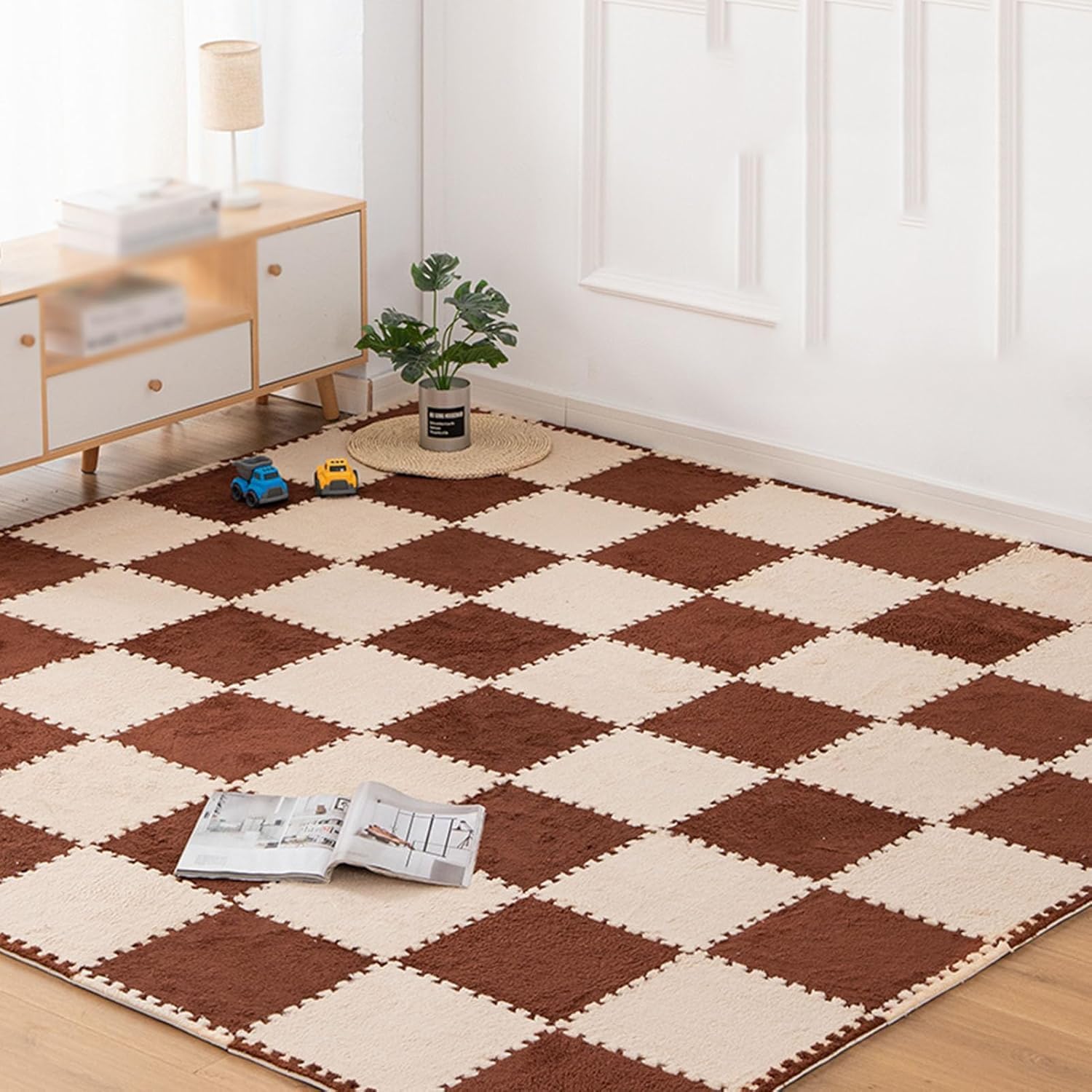 10pcs 12x12 Inch Interlocking Foam Rugs with Border, Square Plush Mats, Easy to Assemble Puzzle Mats (Apricot+Dark Coffee)