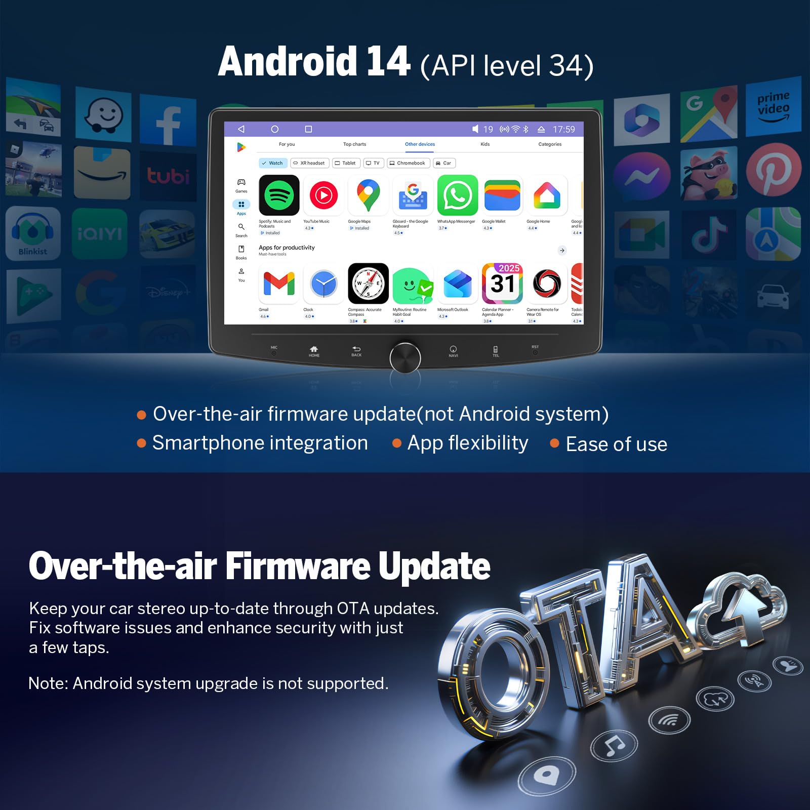 Eonon 10,1" Android 14 Radio Stéréo Double Din GPS 4G LTE CarPlay Android Auto MirrorLink Bluetooth DSP USB SWC Support Caméra de Recul Autoradio UX7SK-PLUS