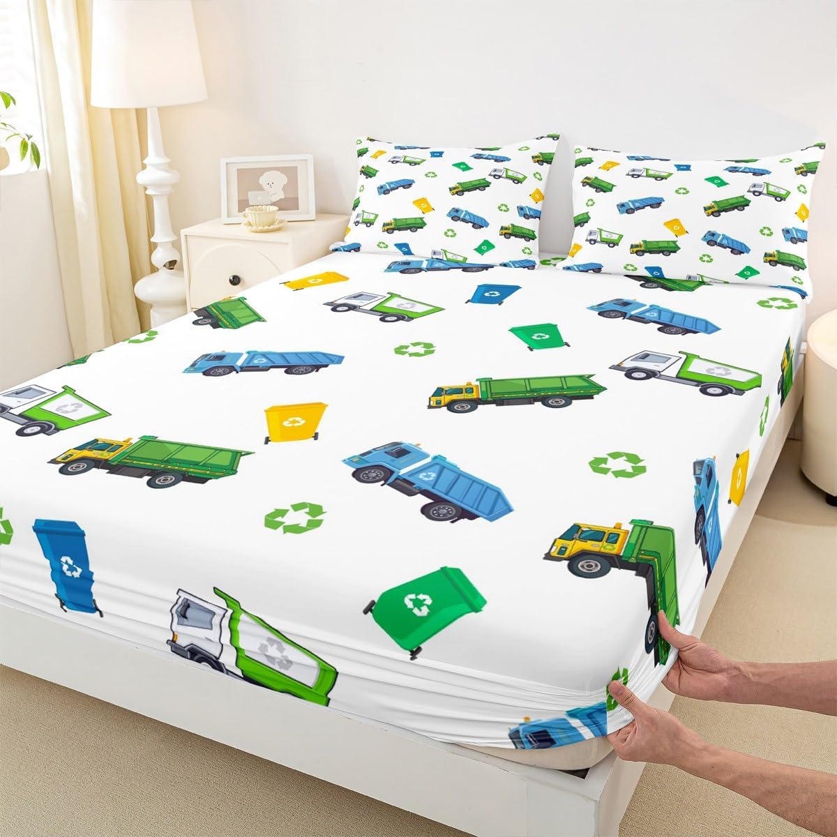 Garbage Truck Sheet Set Kids Full Size Cartoon Car Bedding Set for Boys Teens Girls Room Decor Child Soft White Green Blue Bed Sheet Waste Management Recycling Vehicles Fitted + Flat Sheet 4Pcs