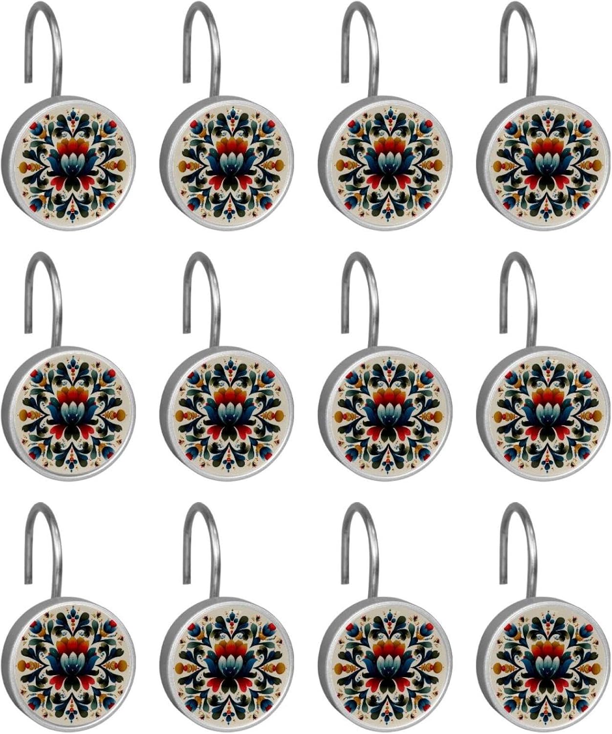 Shower Curtain Hooks Set of 12, Norwegian Rosemaling Folk Style Flower (15) Shower Curtain Rings for Bathroom, Rust Resistant Shower Curtain Hangers Bathroom Decor Accessories
