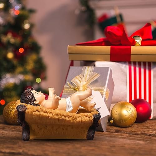 Miniatura 3 de Nativity Baby Jesus Figurine - Juego de belén de resina para Navidad, estatua pintada de Jesús en un pesebre para decoración navideña del hogar
