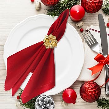16 Pcs Christmas Napkin Rings Cloth Set, Include 8 Pieces Gold Napkin Rings with 8 Pieces Solid Color Dinner Napkins for Party Decoration, Dinning Table, Holiday, Wedding, Tabletop Decor