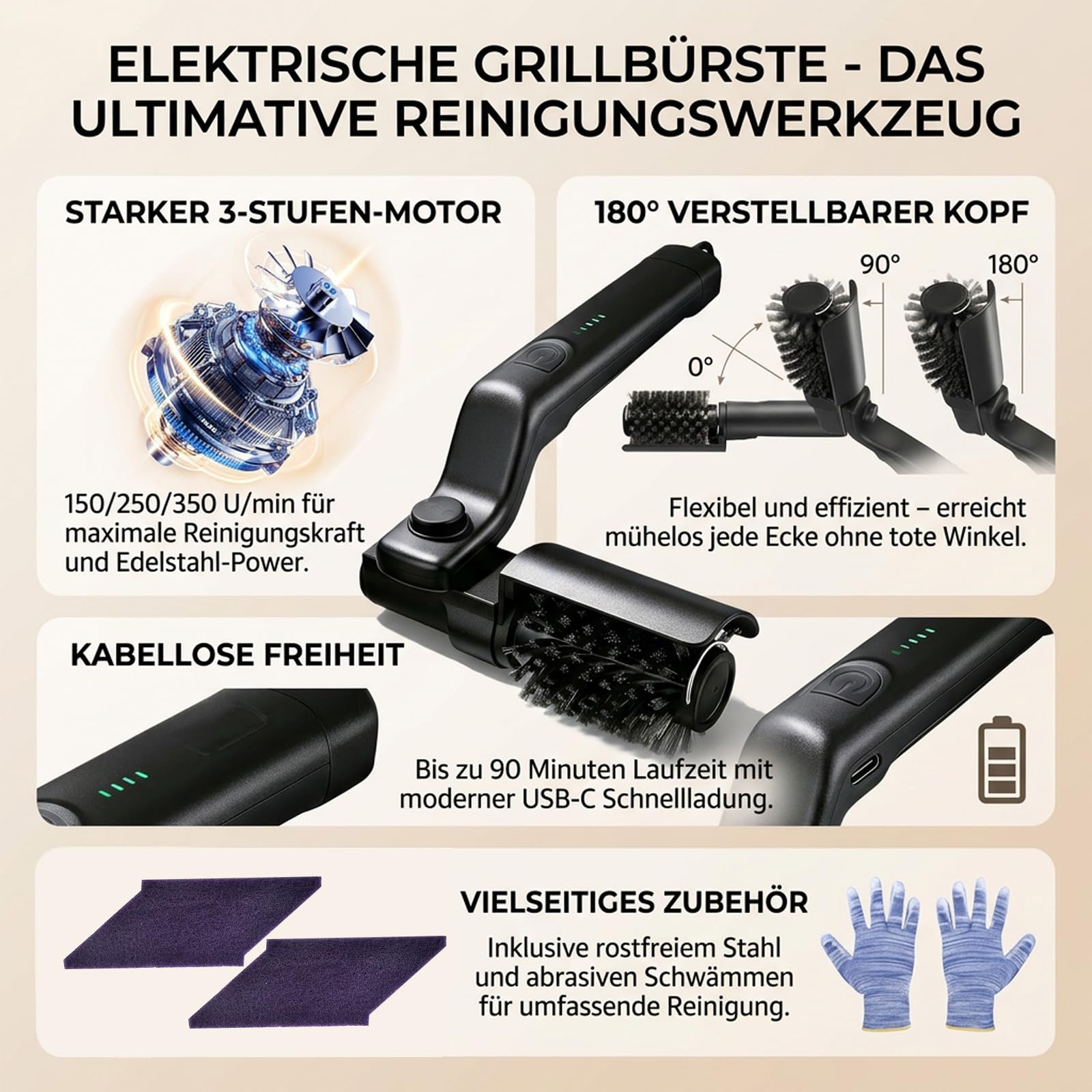 Elektrische Grillbürste, Reinigungsbürste Grillbürste Elektrisch, 180° Verstellbarem Winkel, 3-Stufen Reinigung für Grillrost, Smoker, Grillplatte, IPX7 Wasserdicht Electric Grill Cleaner