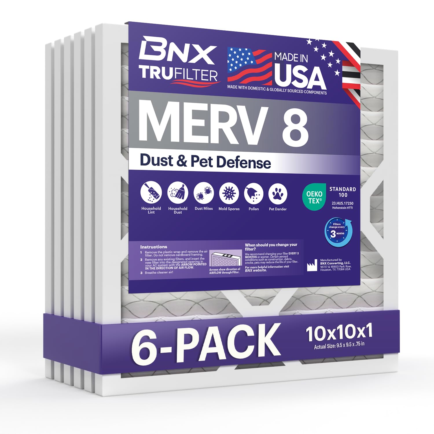 BNX TruFilter 10x10x1 Air Filter MERV 8 (6-Pack) - MADE IN USA – Dust &amp; Pet Defense Electrostatic Pleated Air Conditioner HVAC AC Furnace Filters for Dust, Pet, Mold, Pollen MPR 600 – 700 &amp; FPR 5