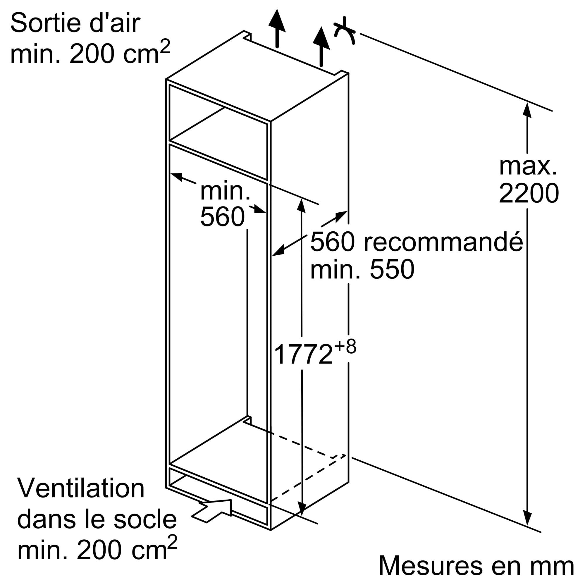 Bosch KIR81NSE0, Série 2, Réfrégirateur 1 porte, Encastrable, 177,2 x 54,1 cm, 310 L