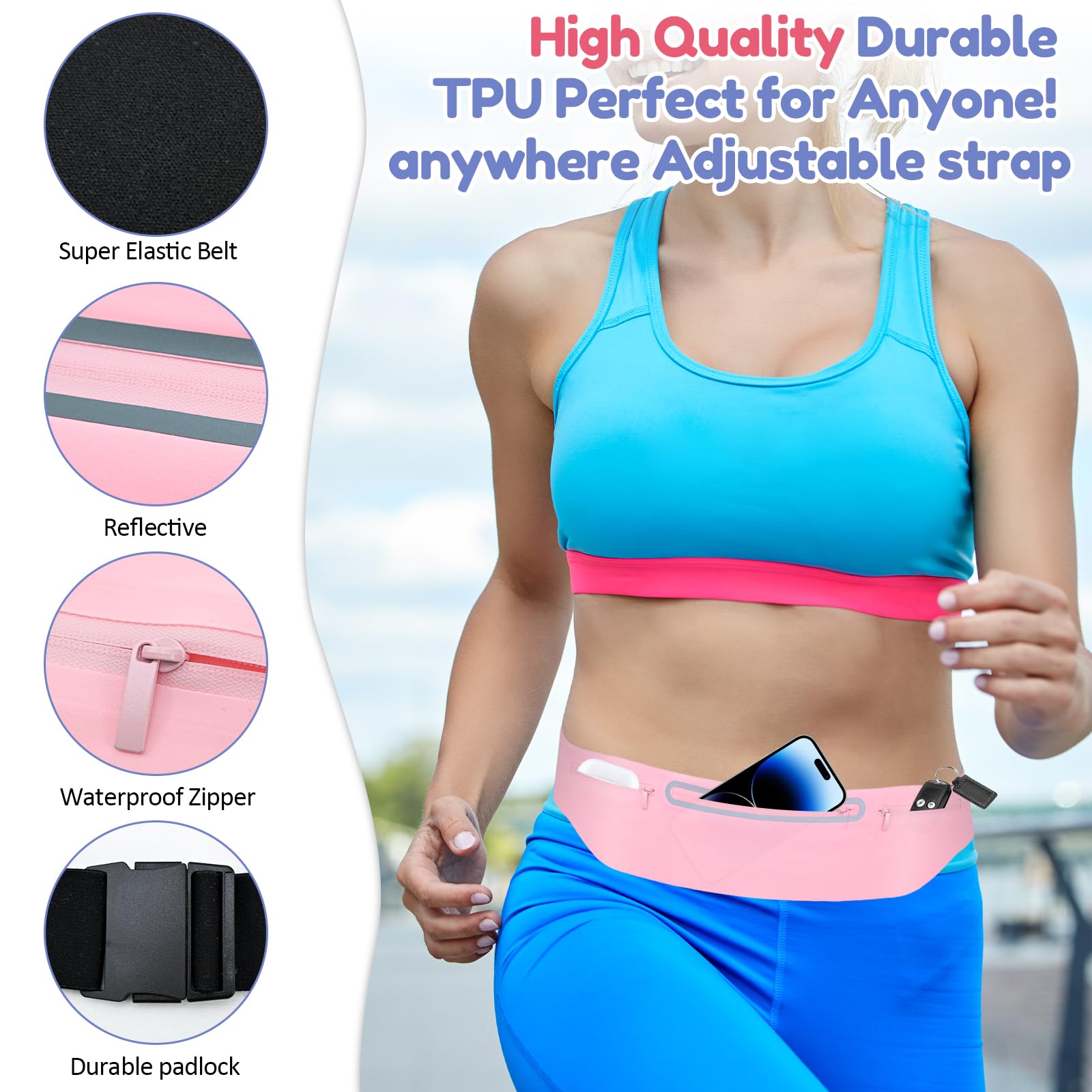 3 riñoneras delgadas para correr para mujeres y hombres, cangureras reflectantes para correr, caminar, ciclismo, camping, gimnasio, Rosado, Talla única, Riñonera