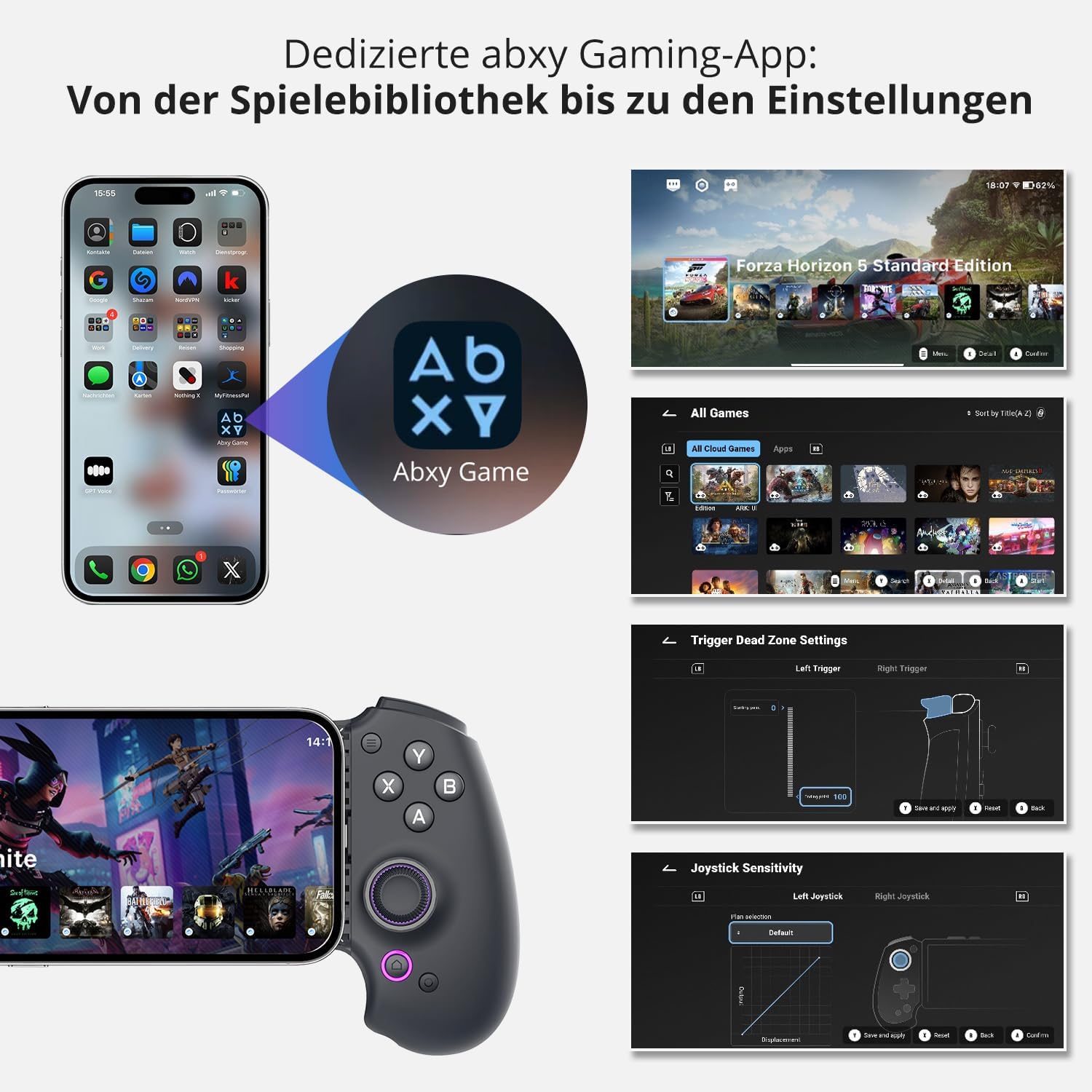 abxylute S9 Full-Size Gaming Phone Controller für iPhone 15/16/17, iPad Mini 6/7 Android Tablet Bluetooth TypeC Mobile Gamepad Kostenloser Tastenbelegung Genshin Impact, Hall Effect Joystick (black)