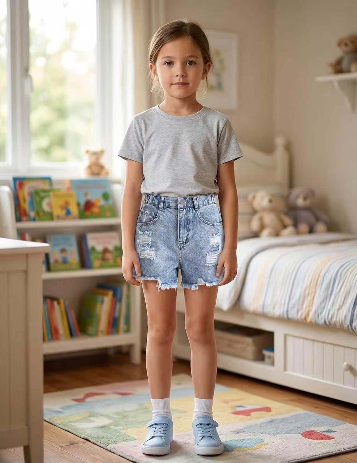 Girl's Ripped Jean Shorts Teen Elastic High Waisted Denim Shorts Junior Summer Cute Y2K Jorts Clothes