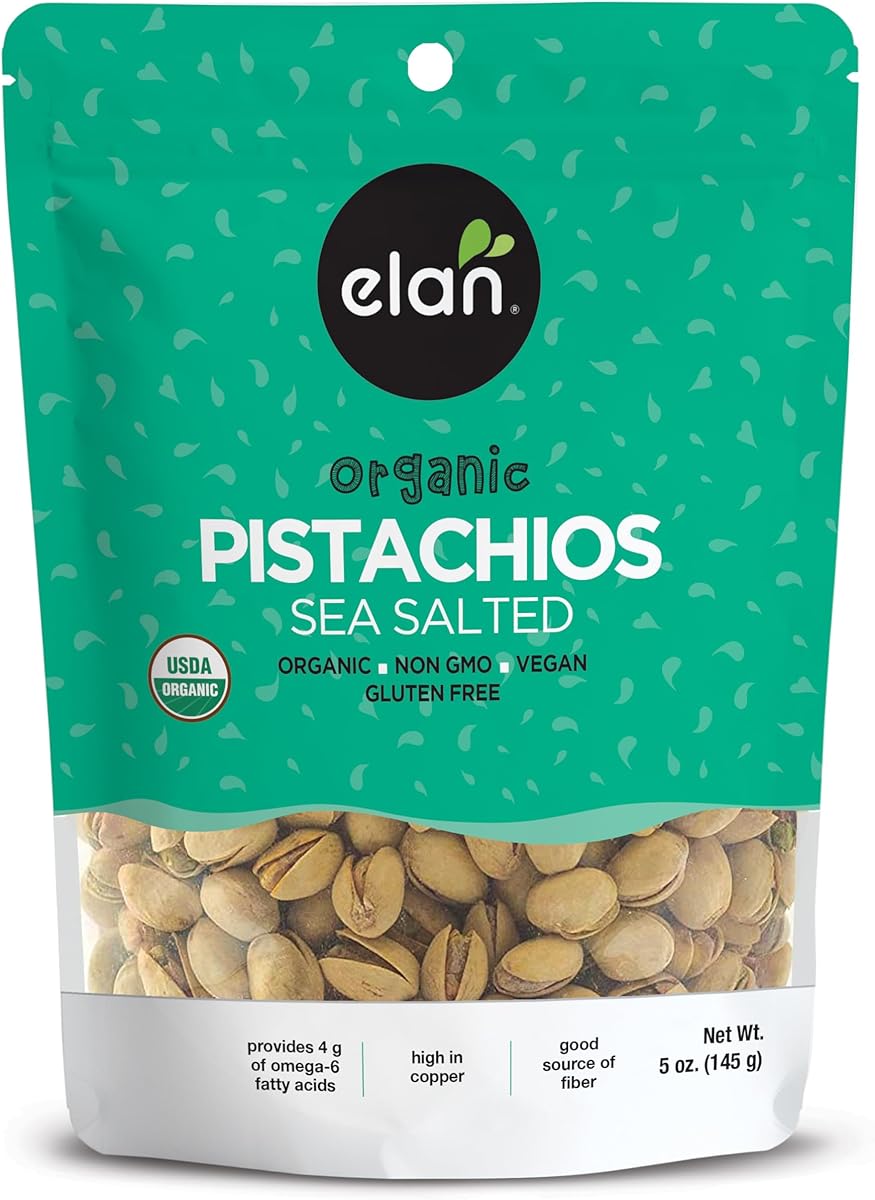 Elan Organic Sea Salted Pistachios, 145g, In Shell, Salted with Sea Salt, Lightly Roasted, Naturally Open, Non-GMO, Vegan, Gluten-Free, Kosher, Healthy Snacks