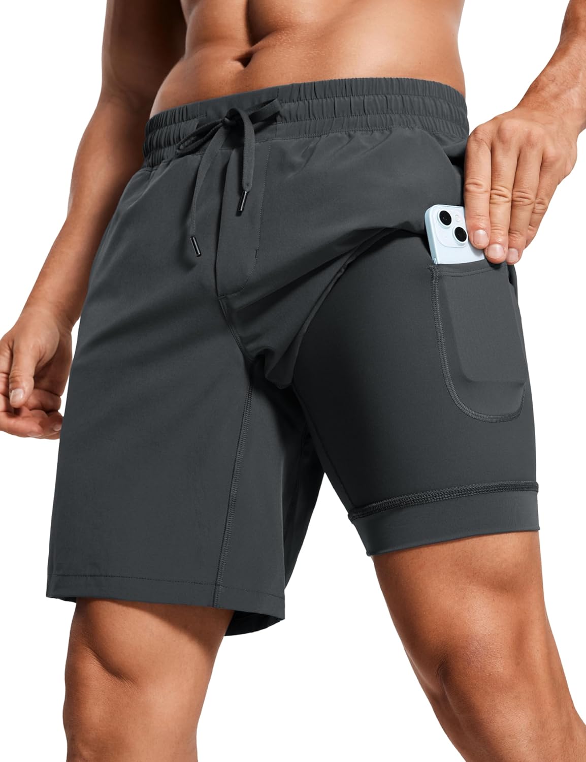 CRZ YOGA Men's 2 in 1 Running Shorts with Liner - 7'' Quick Dry for Workout Sports Athletic with Pockets Ink Gray Medium