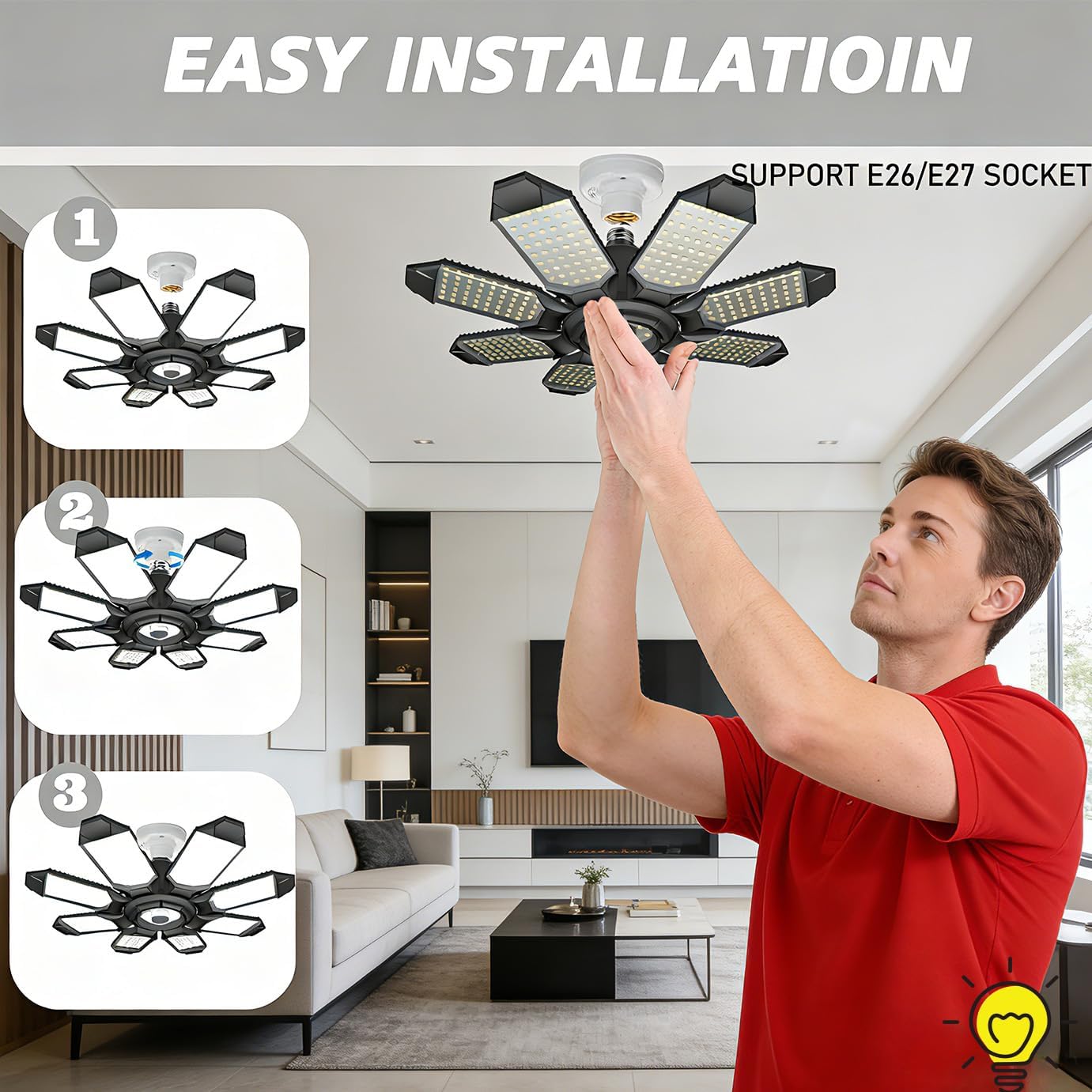 Garage Lights - 2 Pack Super Bright 32000LM LED Garage Ceiling Light 6500K LED Shop Light w/ 8+1 Deformable Panels Screw in E26/E27 Socket Light Bulbs for Workshop,Attic,Warehouse,Utility Room