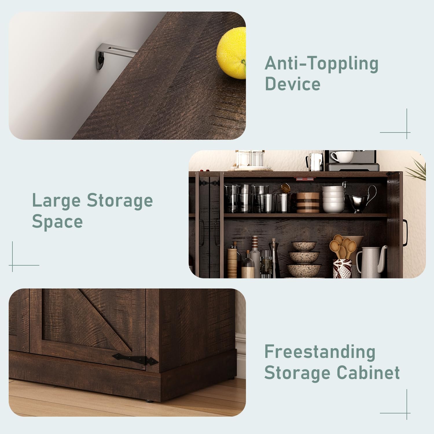 Sideboard Buffet Cabinet with Storage - 65’’ Large Farmhouse Buffet Table Coffee Bar Cabinets, Modern Accent Cabinet with Adjustable Shelf and 4 Doors, for Kitchen, Dining Room, Living Room, Brown