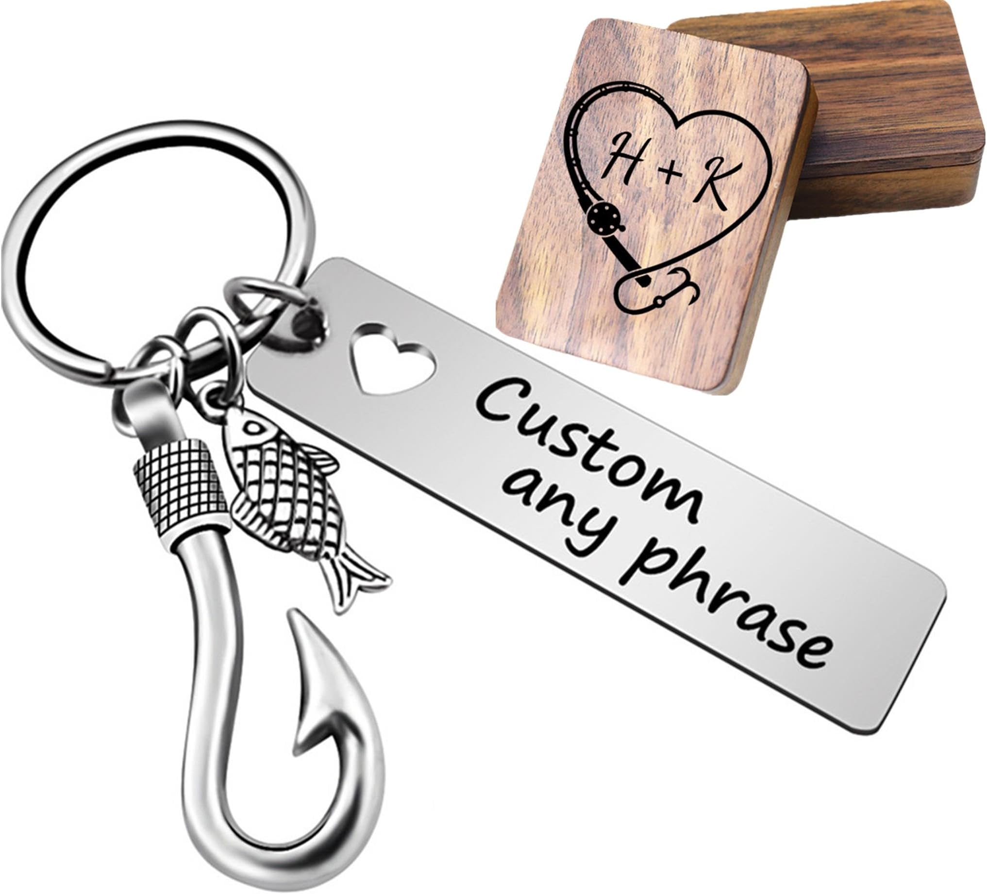 Fishing Hook Keychain, Engraved Fishhook Lure KeyRing Gift for Father Dad Husband Boyfriend