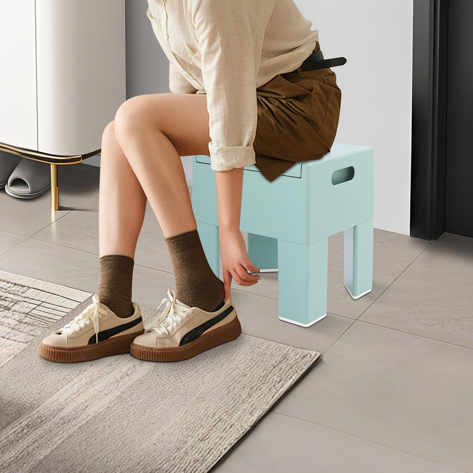 Pouf con vano portaoggetti multifunzionale, sgabello basso, per soggiorno, camera da letto, 37 x 31 x 40 cm (blu marino)