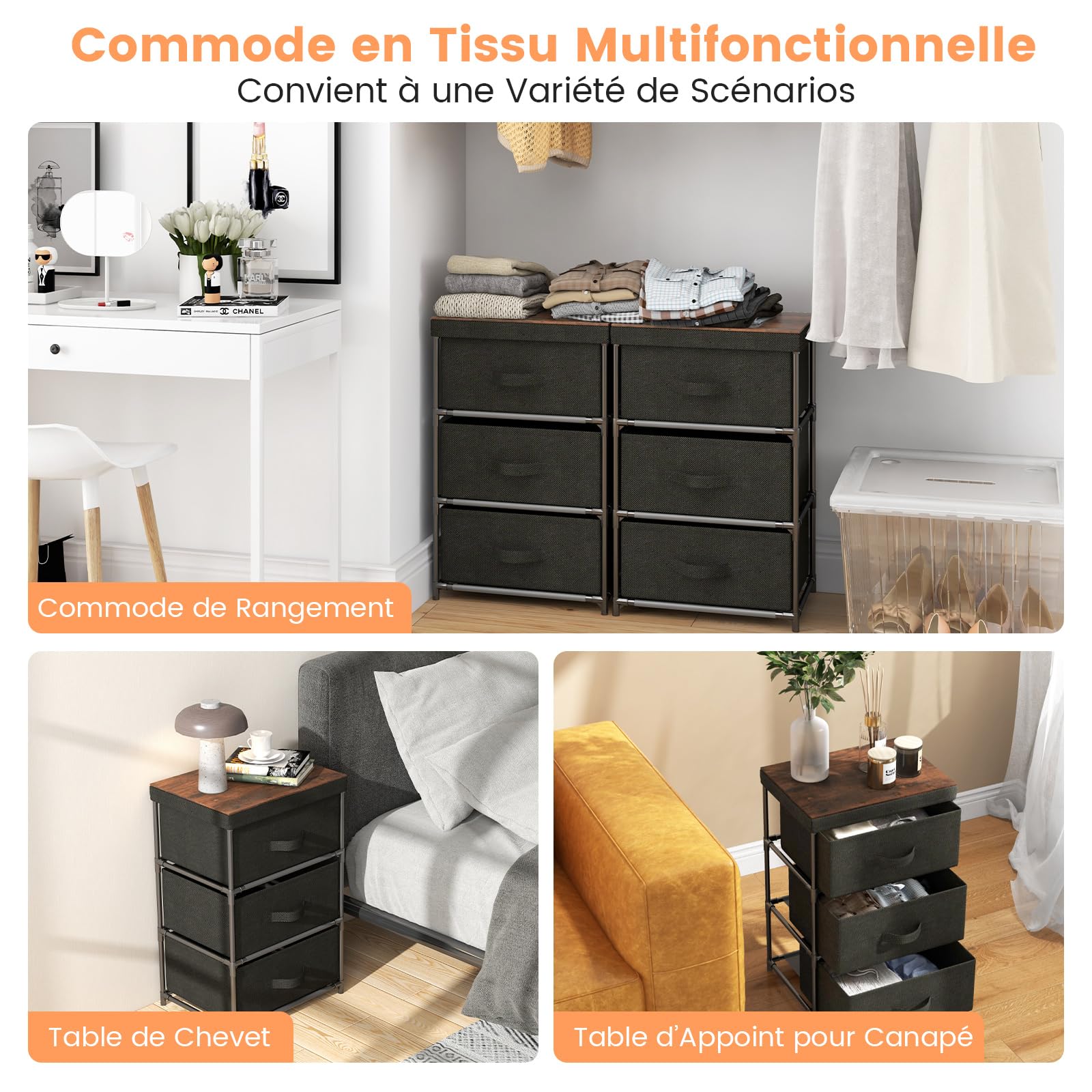 COSTWAY Lot de 2 Commode 3 Tiroirs en Tissu, Commode Chambre Adulte avec Cadre en Métal, Meuble Tiroir Rangement pour Chambre, Industriel (40 x 30 x 62 cm * 2 Pieces,Noir)