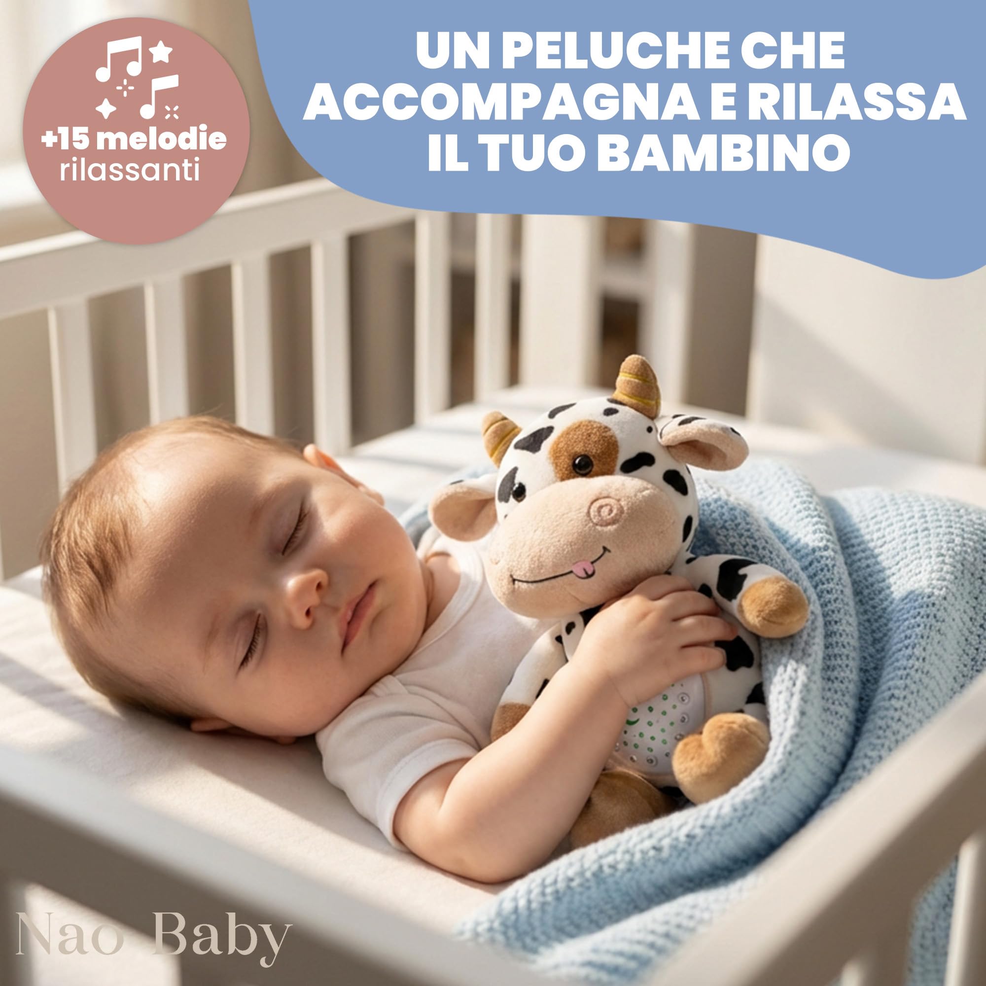 Peluche Neonato Rumori Bianchi – 15 Suoni Rilassanti e Ninna Nanna Per Bambini con Timer e Rilevamento Pianto – Carillon Neonati – Rumori Bianchi Per neonato e Regalo Nascita