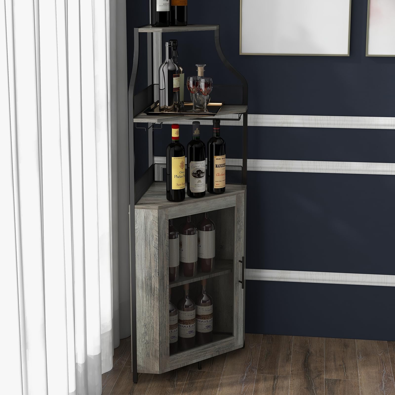 Armoir à Vin Angle avec Etagère Réglable, Meuble Bar à Vin avec Porte-Verres et Portes en Maille, Buffet Cuisine Angle et Dispositif Anti-Basculement, Industriel, 45 x 45 x 152.5 CM