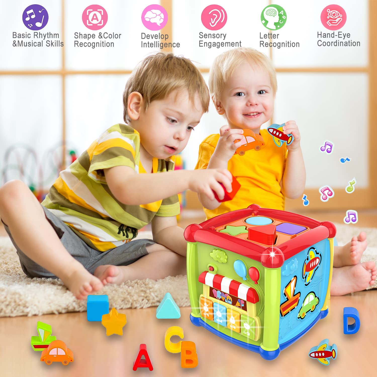 AMLGBTOP Giochi Bambini per 1 Anno 6 in 1 Educativi Cubo Montessori Giochi 1 Anno Multiattività Motor Centri Pianoforte Luce Musica Giochi Bambini 12 18 Mesi Natale Regalo Bambini 1 2 Anni