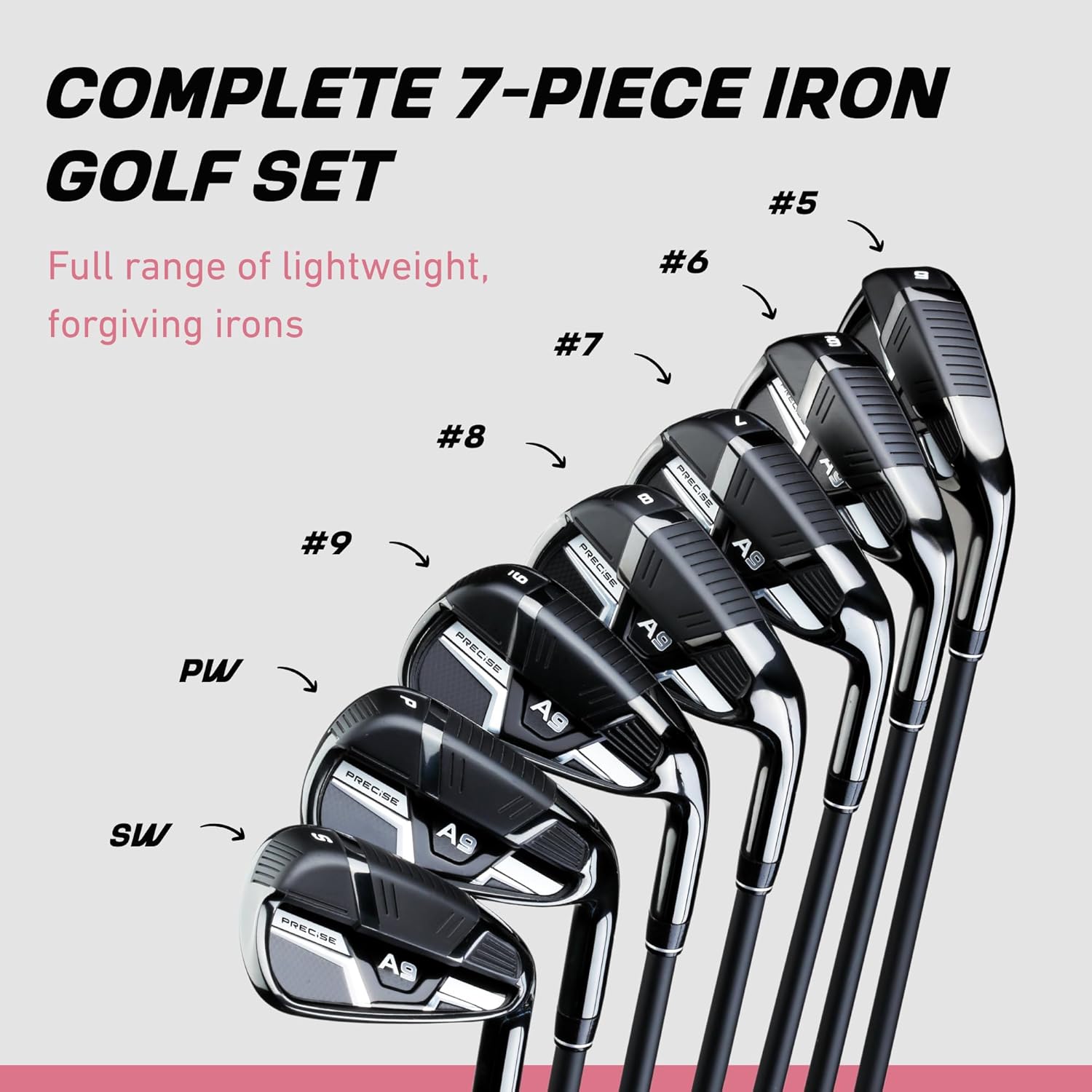 Precise A9 Golf Iron Set – 7 Clubs (5–SW) | Right Hand | Project X Cypher Graphite Shafts & Dual-Compound Grips – Women