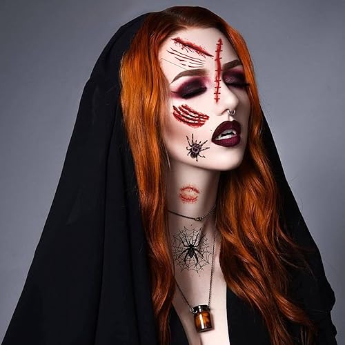 40 Sheets Fake Scars Temporary Tattoo Fake Scratch Scar Wound Body Face Stickers Halloween Makeup for Adults Cosplay Party(Red)