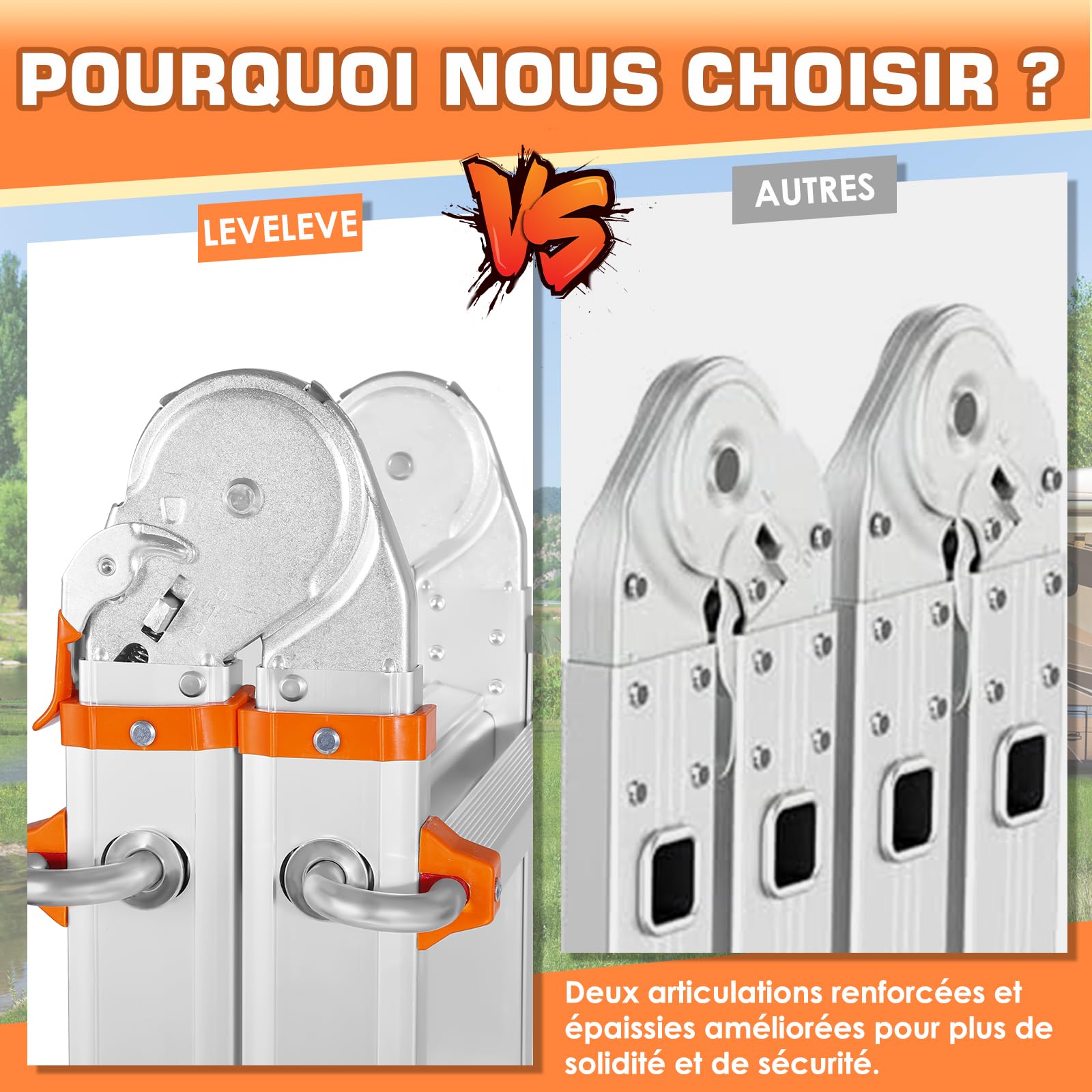 Échelle Polyvalente à 5 Niveaux,5,18 m, avec Tige stabilisatrice et Roues, capacité de Charge 150 kg, échelle de sécurité a pour échelles, Maison intérieure et extérieure, Toit