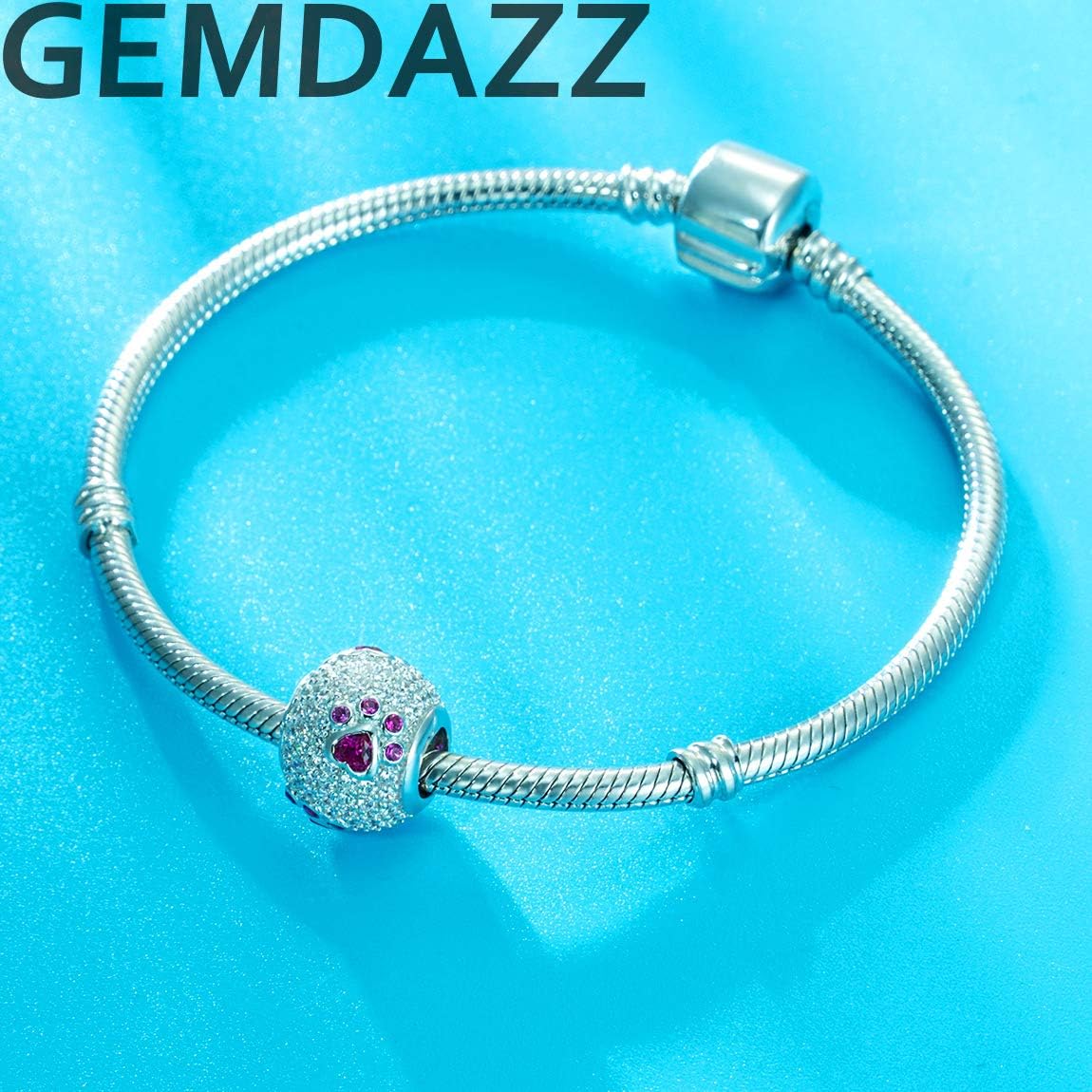 GEMDAZZ Sparkling Puppy Paw Print Charms in 925 Sterling Silver, Pave Dog Pawprint CZ Round Beads and Always in My Heart Charms, Gift for Animal Lover, fit European Women Bracelet/Necklace