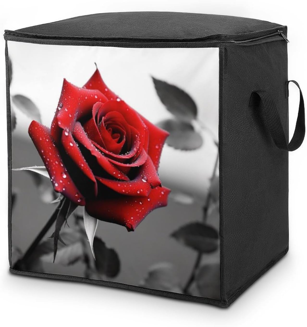 Portable Quilt Storage Bag,Black And White Red Rose Printed Foldable Wardrobe Storage Box Foldable Storage Bag with Lids And Handle Large Clothing Storage Bag for Comforters Clothes Blankets Pillows