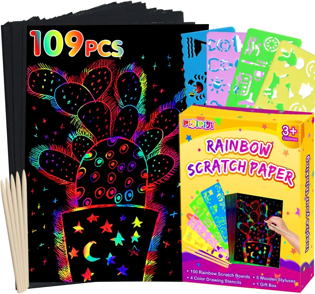 pigipigi Rainbow Scratch Paper Art: 109 Pcs Magic Scratch Off Craft Kit for Kids Color Drawing Note Pad Supply for Children Girls Boys DIY Party Favor Game Activity Birthday Christmas Toy Gift Set