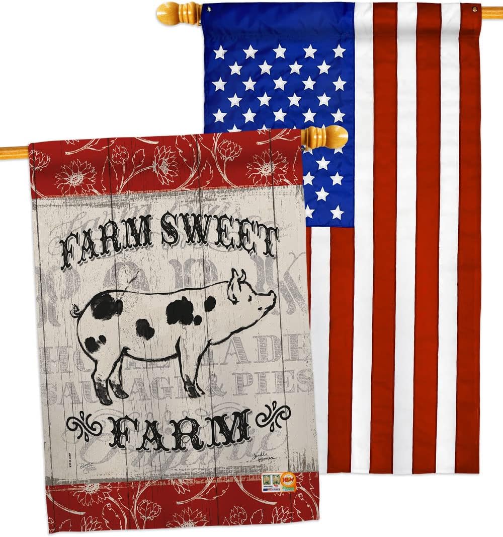 Breeze Decor Sweet Farm Pig House Flag Pack Barnyard Animal Cow Horse Rooster Farmhouse Pet Nature Creature Applique Decoration Banner Small Garden Yard Gift Double-Sided, Made in USA