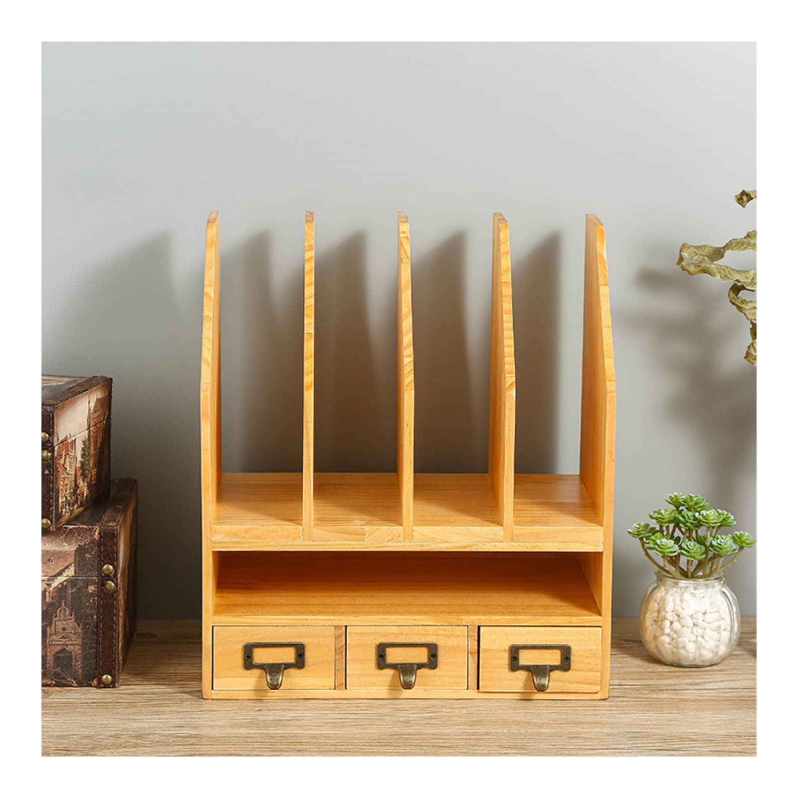 Scrivania in legno con scaffale multi strato per archiviazione file e desktop manager