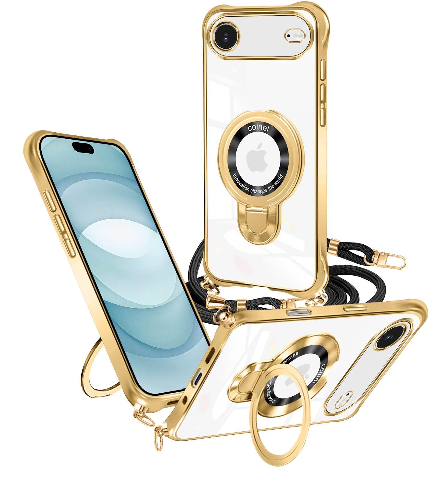 iPhone AIR ケース 薄型 いphone air カバー 軽量 MagSafe対応 ワイアレス充電 TPU アイフォンair 磁力強 多機能 スタンド 転倒防止 かんしょうほご 耐久性 黄変防止 ひっかき防止 やわらかい ポータブル 携帯ストラップ 肩掛け 車載ホルダー対応 スタンド機能 めっき加工技術 (ゴールド)