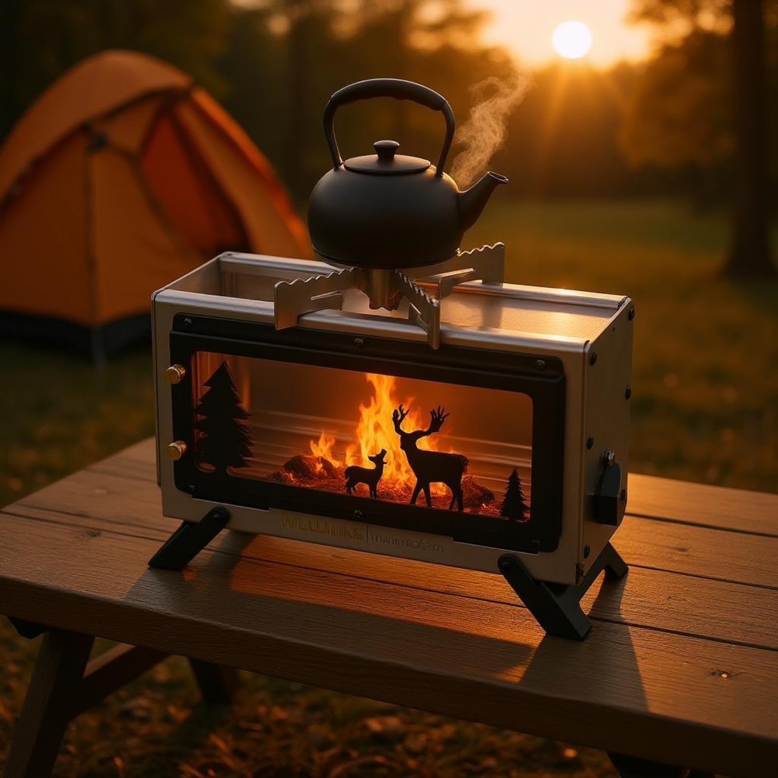 Poêle de Chauffage Extérieur Mini Table pour Cuisson sur Table avec Brûleur à Bois Vitré Outil de Foyer Structure Solide Suitable pour Camping Jardin Montagne Pique-Nique