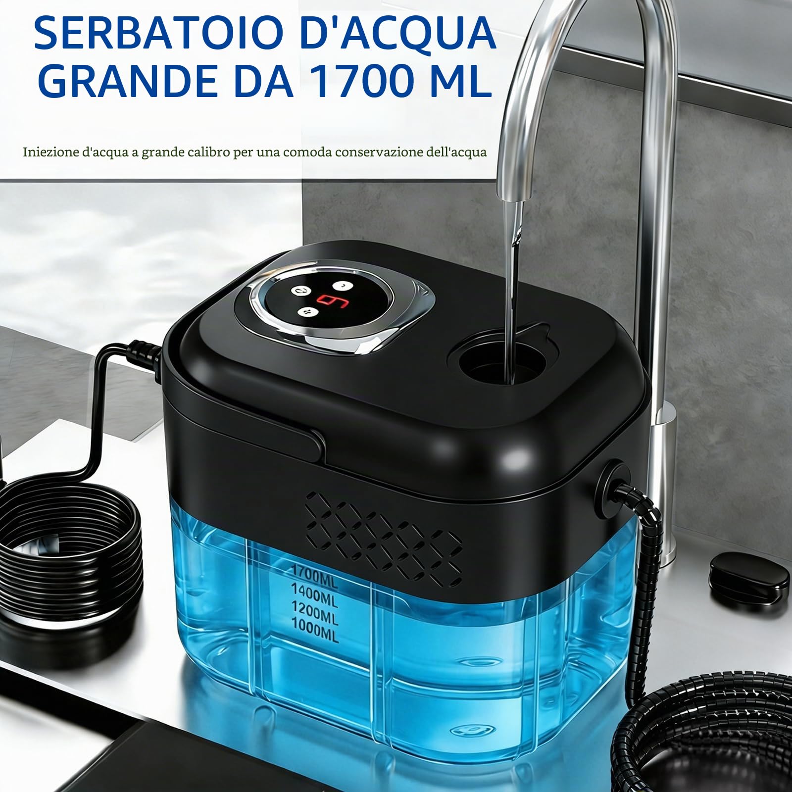 Pulitore a Vapore Portatile, 2500W Pulitore Vapore Casa, Maniglia Regolabile in 6 Livelli, Serbatoio Dell'acqua da 1700ml, Macchina per Pulizia a Vapore per Cucina, Piastrelle, Mobili