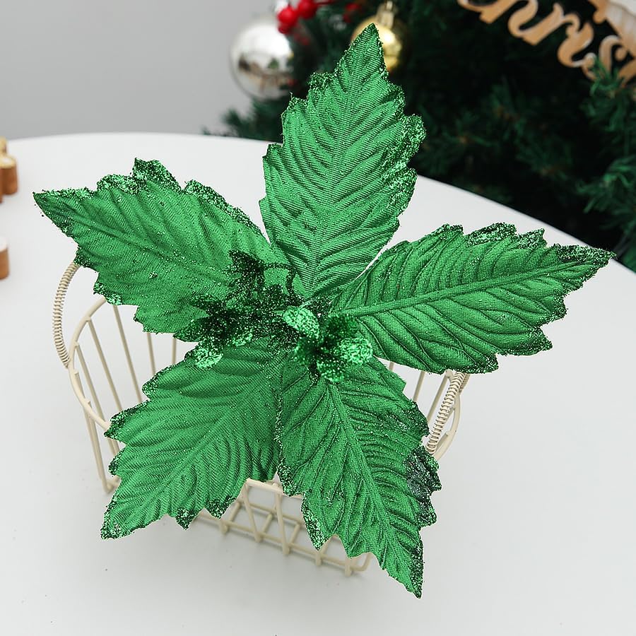 12 Pcs Glitter Green Christmas Flower for Party 10.23Inch Artificial Christmas Poinsettia Flowers with Stems Christmas Tree Green Flower Ornaments for Xmas Tree Wreath Floral HolidayDecorations