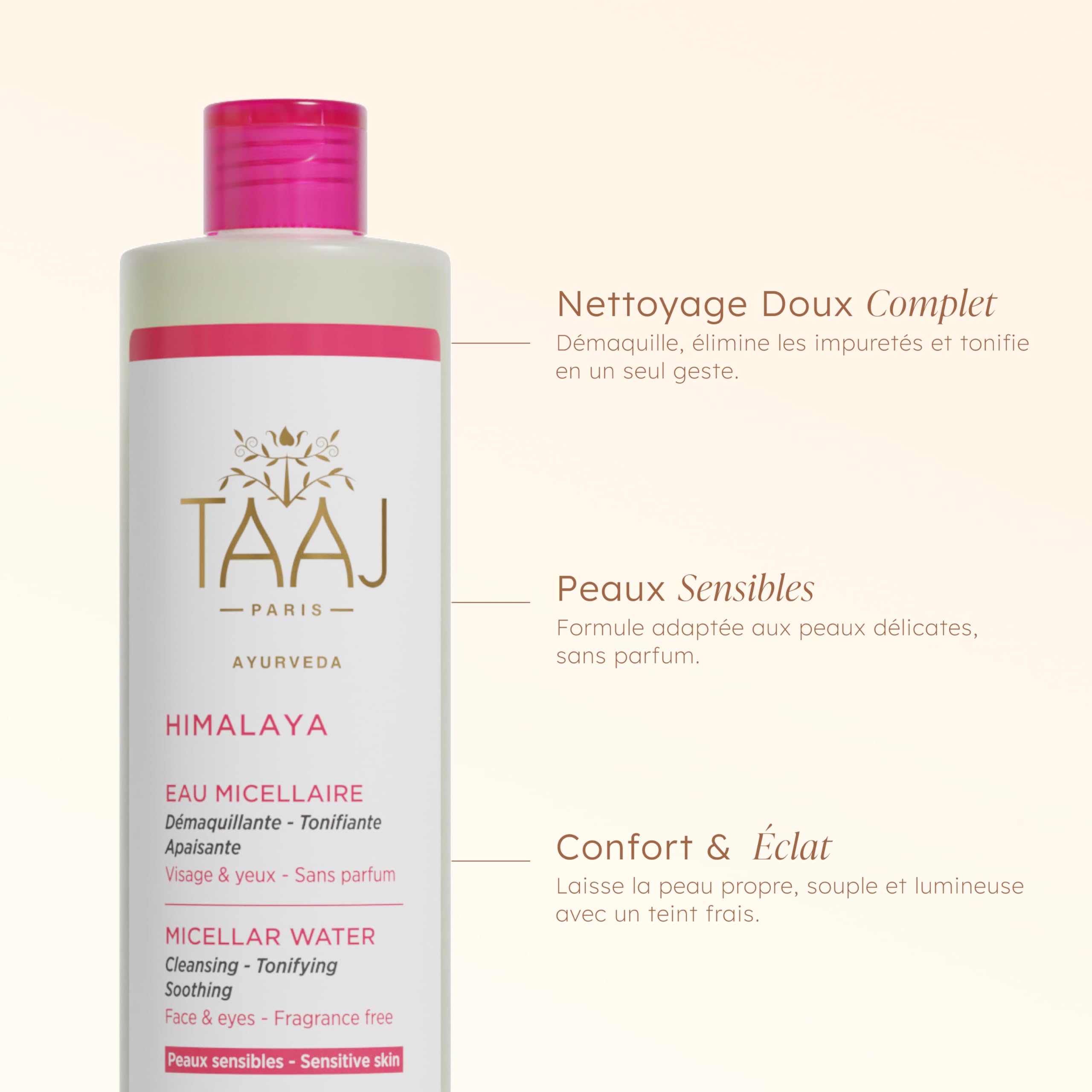 TAAJ | Eau Micellaire Hymalaya | Nettoie et Démaquille | Élimine les Impuretés | Peau Parfaitement Douce et Souple | Peaux sensibles | Fabriqué en France | Végan | Cruelty Free | 2x500ML