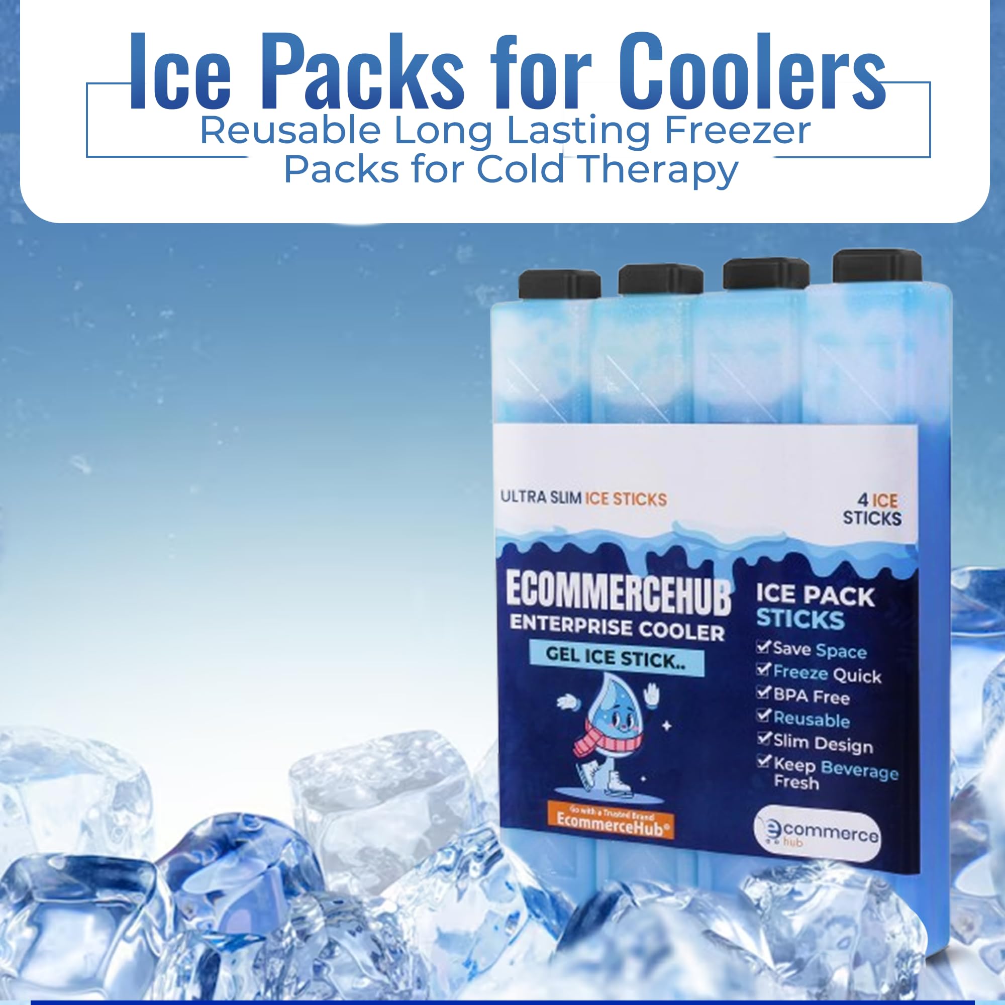 EcommerceHub® Ice Packs for Coolers Reusable Long Lasting Freezer Sealed Leck Proof Packs for Lunch Bags/Boxes, Cooler Backpack, Camping, Beach, Picnics,Sports Fishing and More (Set of 4, Blue) 2