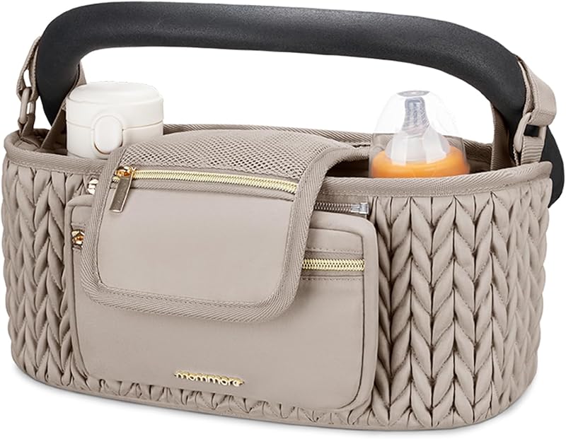 mommore Universal Stroller Organizer with Insulated Cup Holders | Non-Slip Stroller Caddy Baby Essentials with Detachable Phone Bag, Fits for Uppababy, Baby Jogger, Britax Strollers