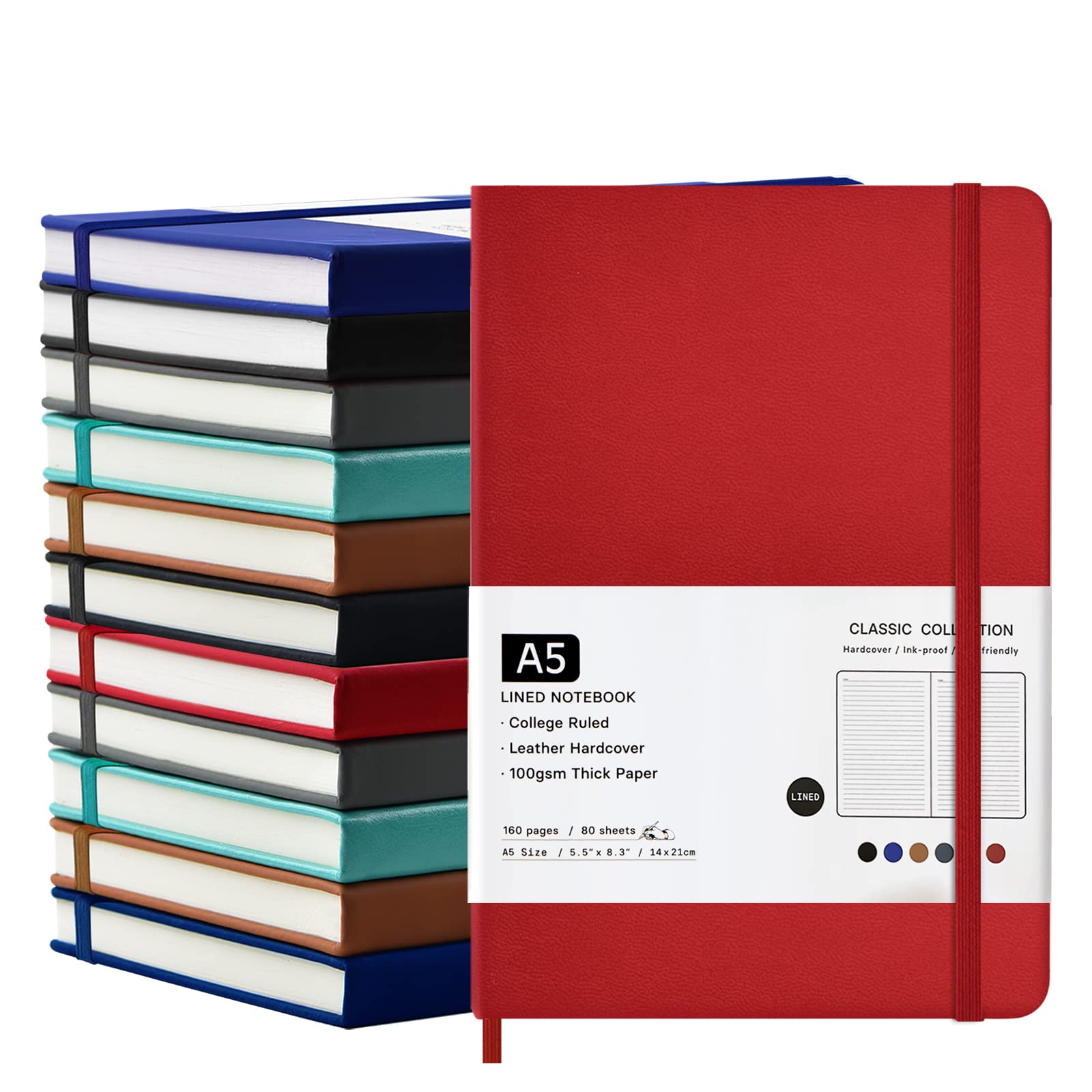 Mototo Quaderni universitari a righe, in pelle, copertina rigida, a righe, per ufficio, scuola, casa, lavoro, 21,1 x 14 cm, carta spessa 100 g/m², 160 pagine (multicolore, A5)