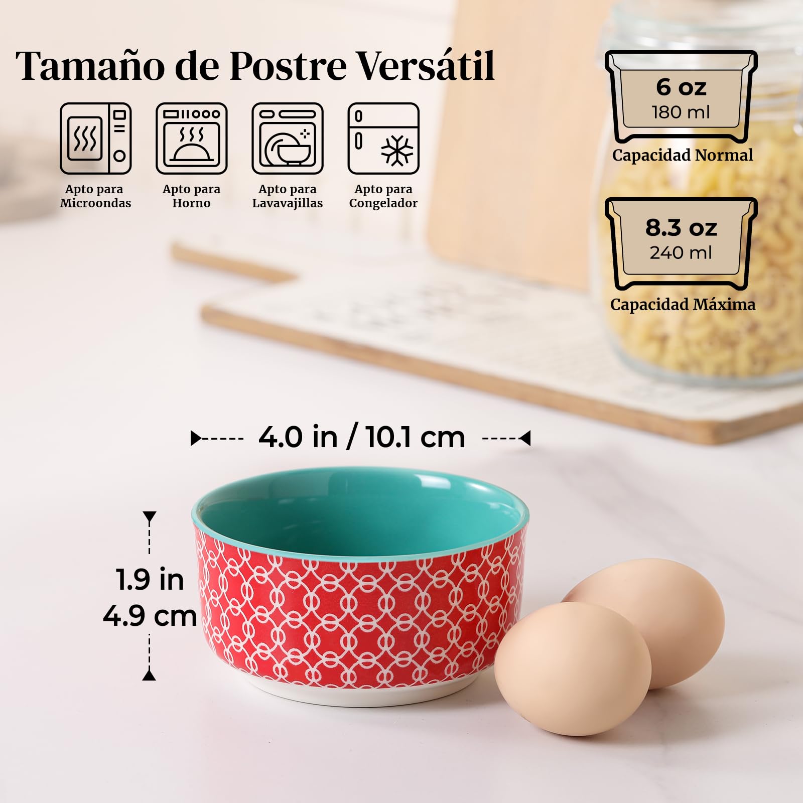 DOWAN Juego de 6 cuencos de porcelana de 180 ml, aptos para horno, para horno pequeño, para microondas, airfryer y lavavajillas, diámetro de 10 cm, multicolor